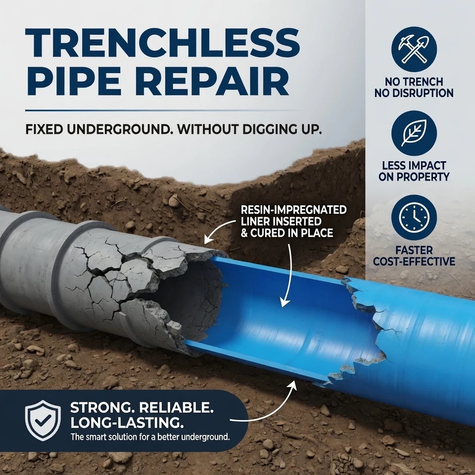 Trenchless pipe repair cutaway showing a liner inserted and cured inside damaged pipe.