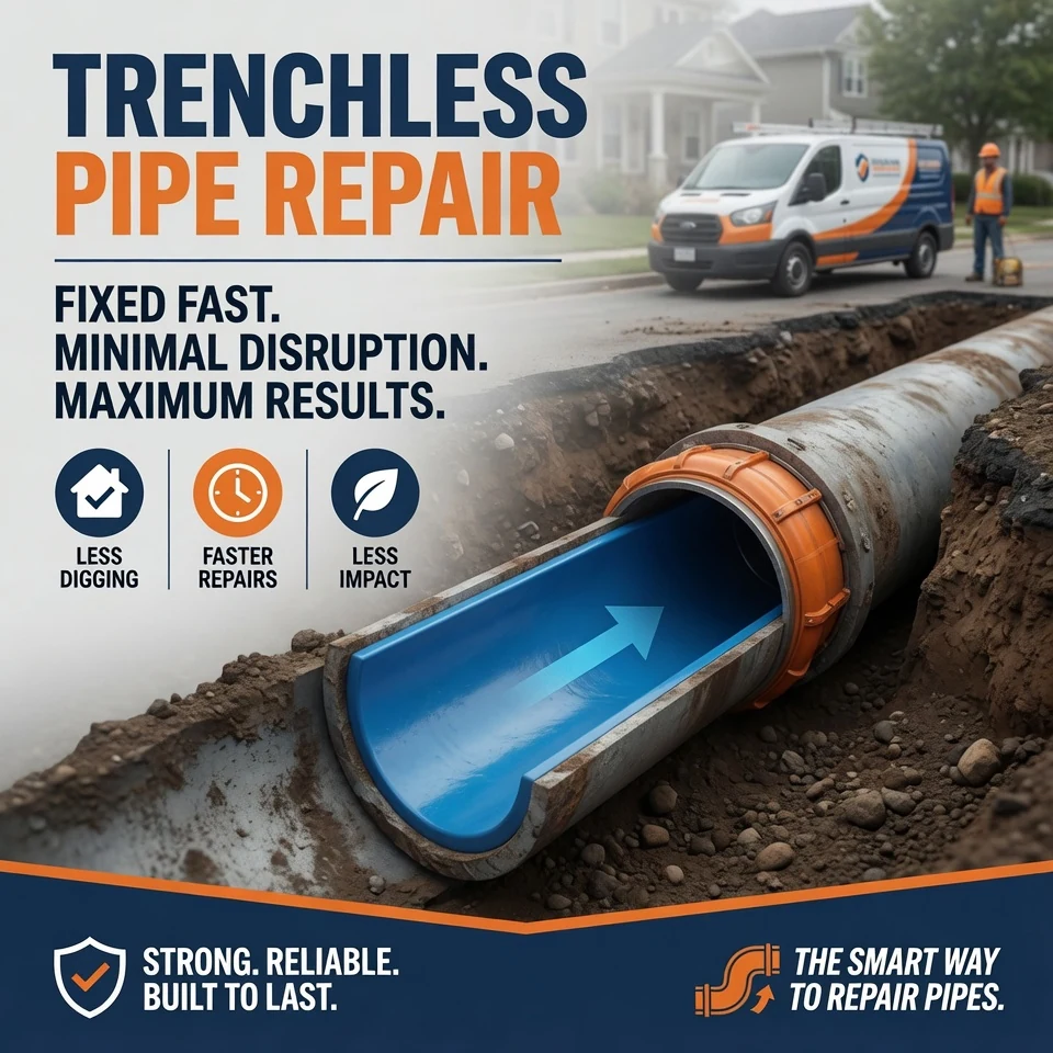 Trenchless pipe repair graphic showing fast repairs with less digging and less disruption.