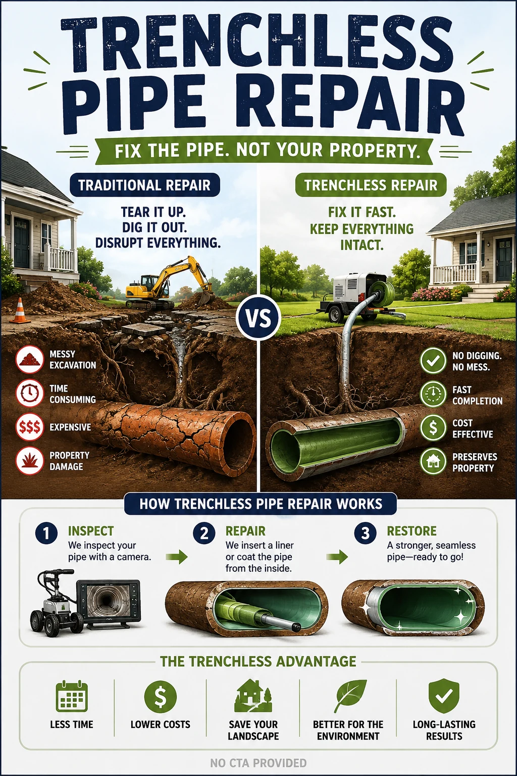 Trenchless pipe repair infographic comparing traditional excavation with no-dig repair.