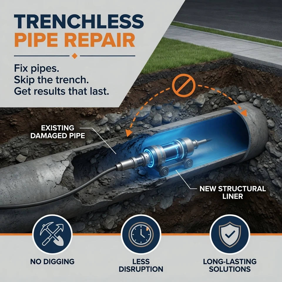 Trenchless pipe repair diagram showing a new structural liner inside an existing damaged pipe.